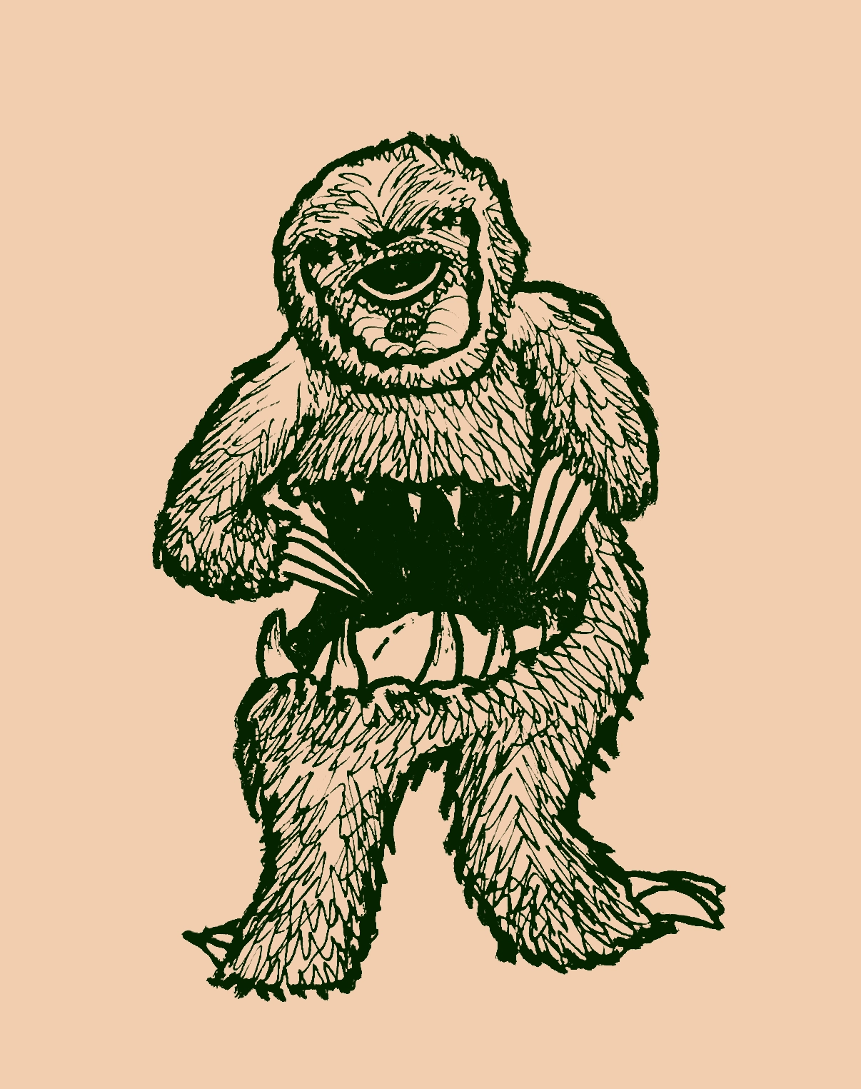 Drawing of a bigfoot that's also a sloth and also a cyclops and also its feet are backwards and its stomach is a mouth