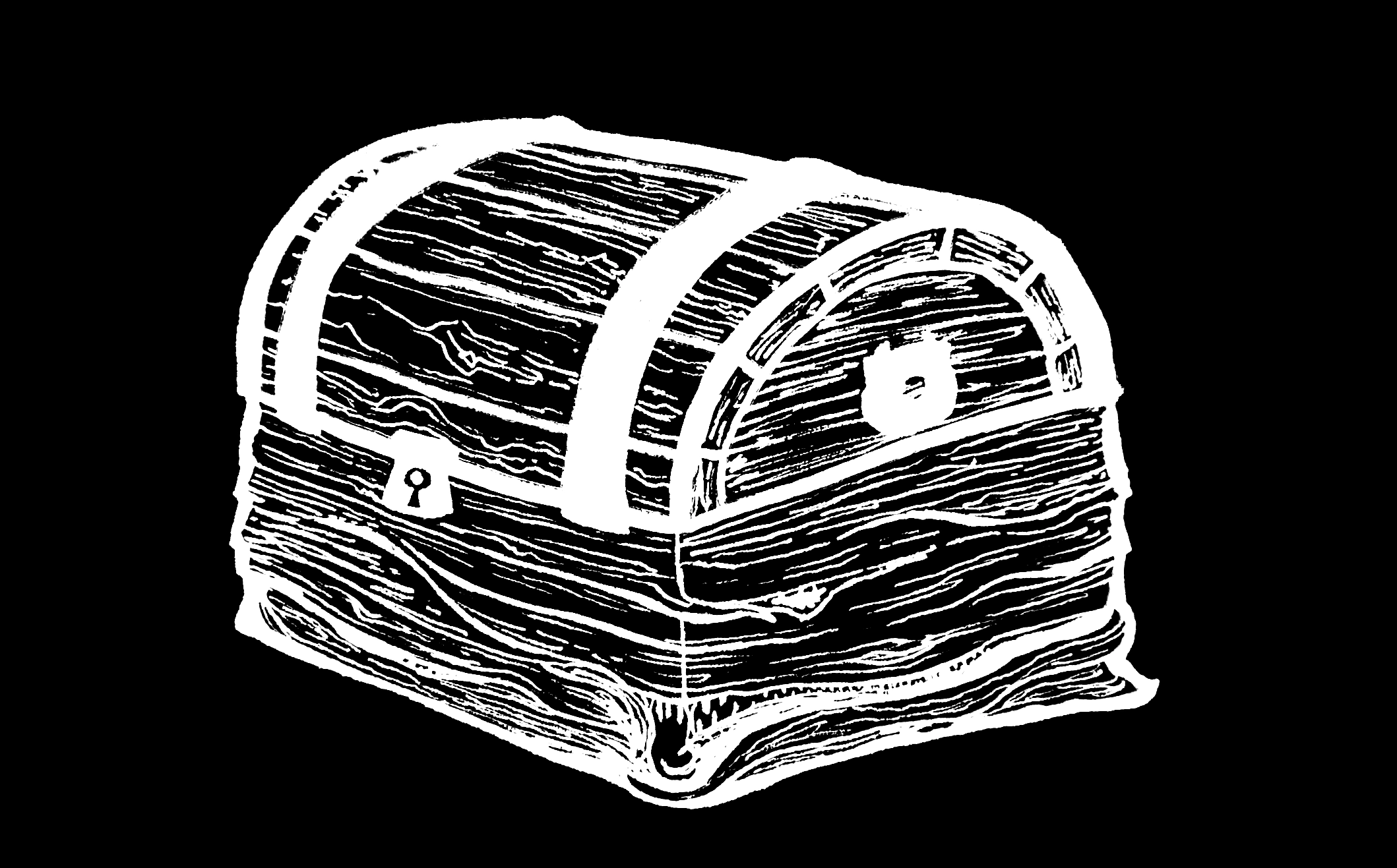 drawing of a locked wooden treasure chest where the wood planks at the bottom twist and open