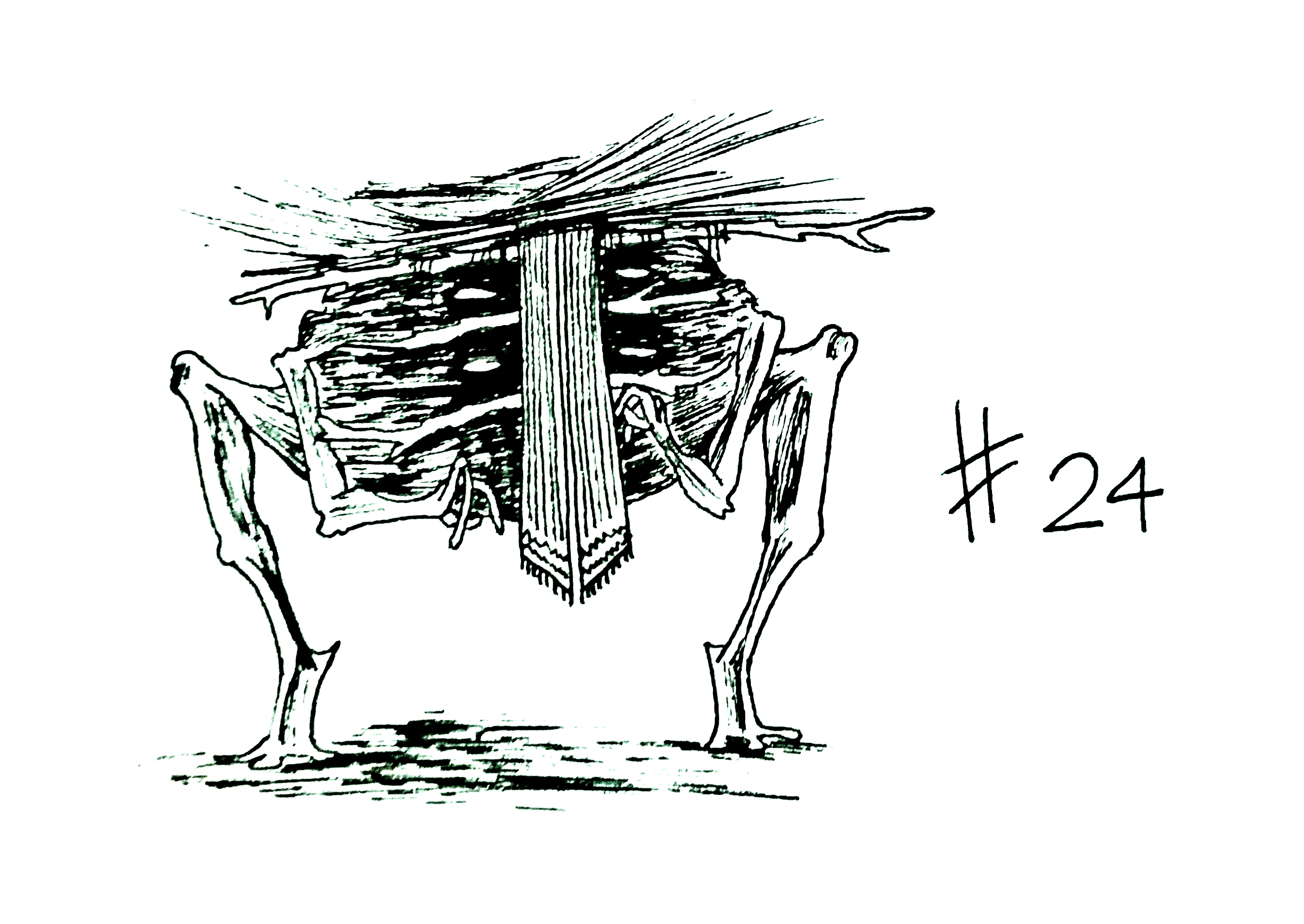 drawing of a bony creature with a body covered in twigs and cloth draped in front of a darkened face with four bright eyes