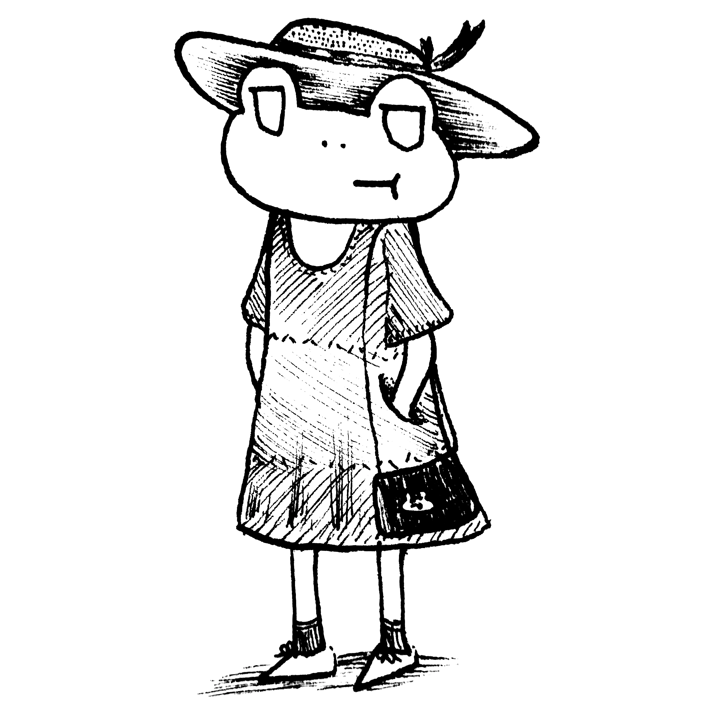 a frog wearing a dress, a ribboned hat, and a small purse. their hands are in the pockets of their dress, and there is a smaller frog in their purse pocket