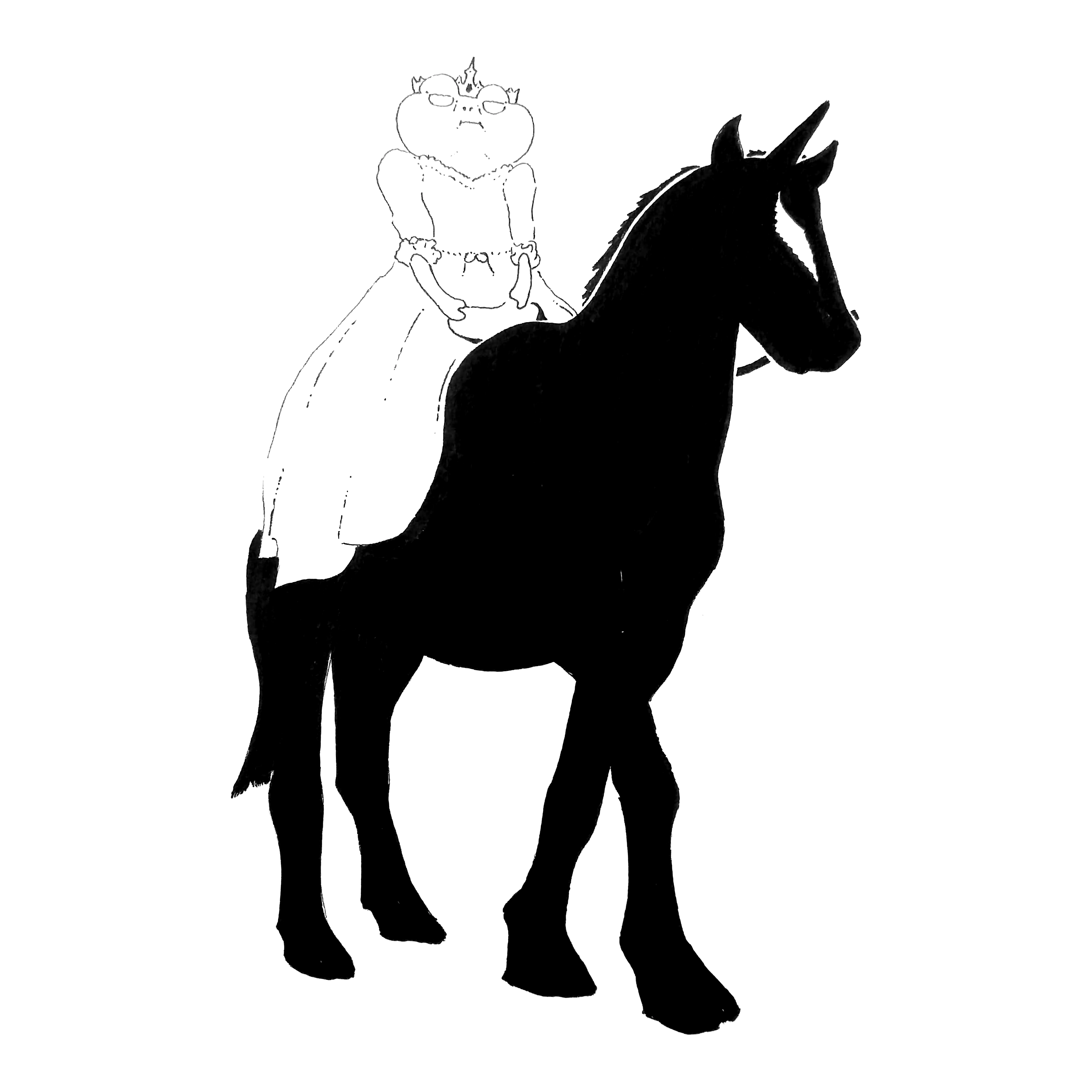 an old frog in a dress and crown riding a large black stallion with a horn