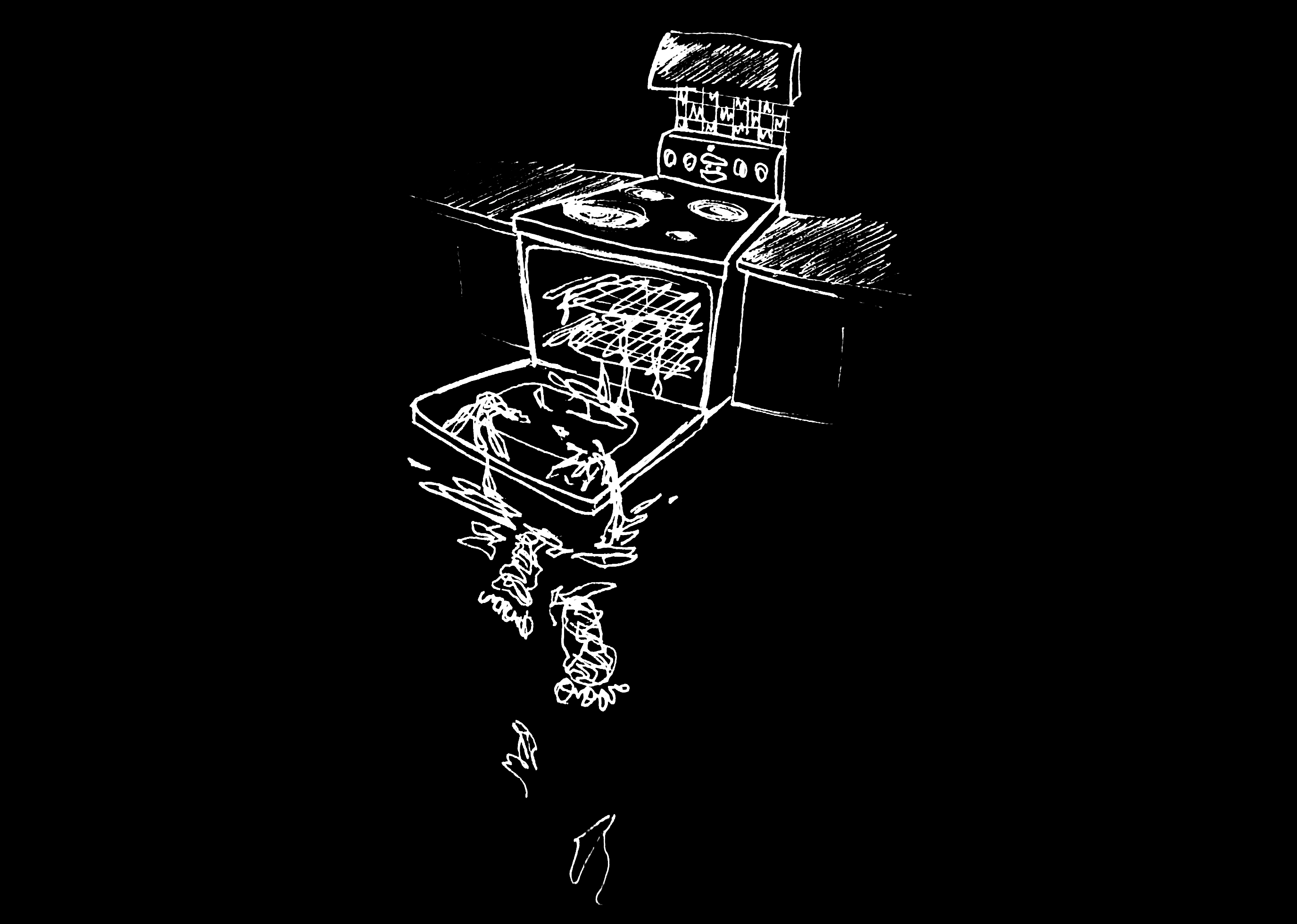 drawing of a kitchen oven with the door open. there's a substance dripping from the inside, and handprints/footprints leading away from it