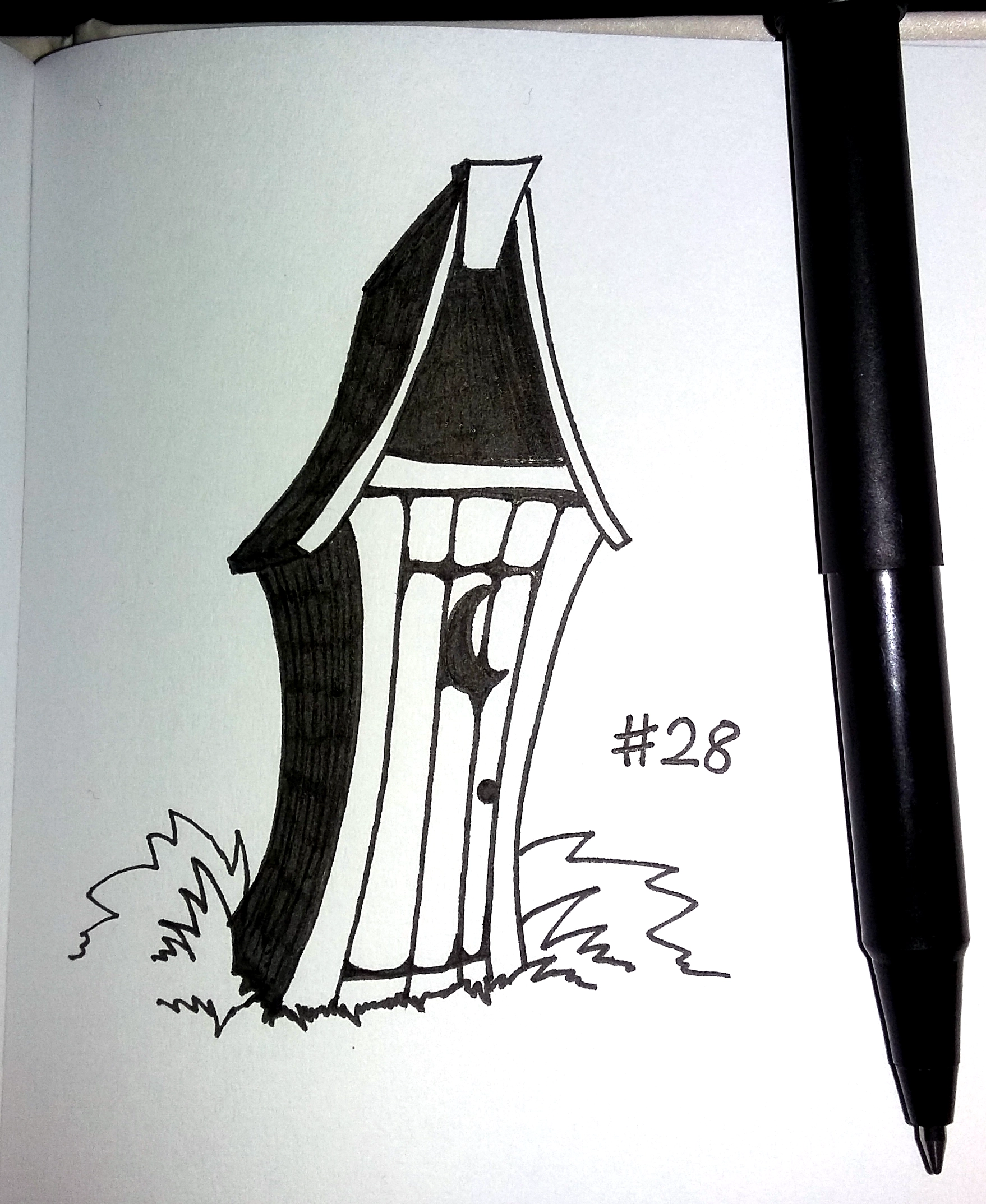 drawing of a thin cartoon outhouse