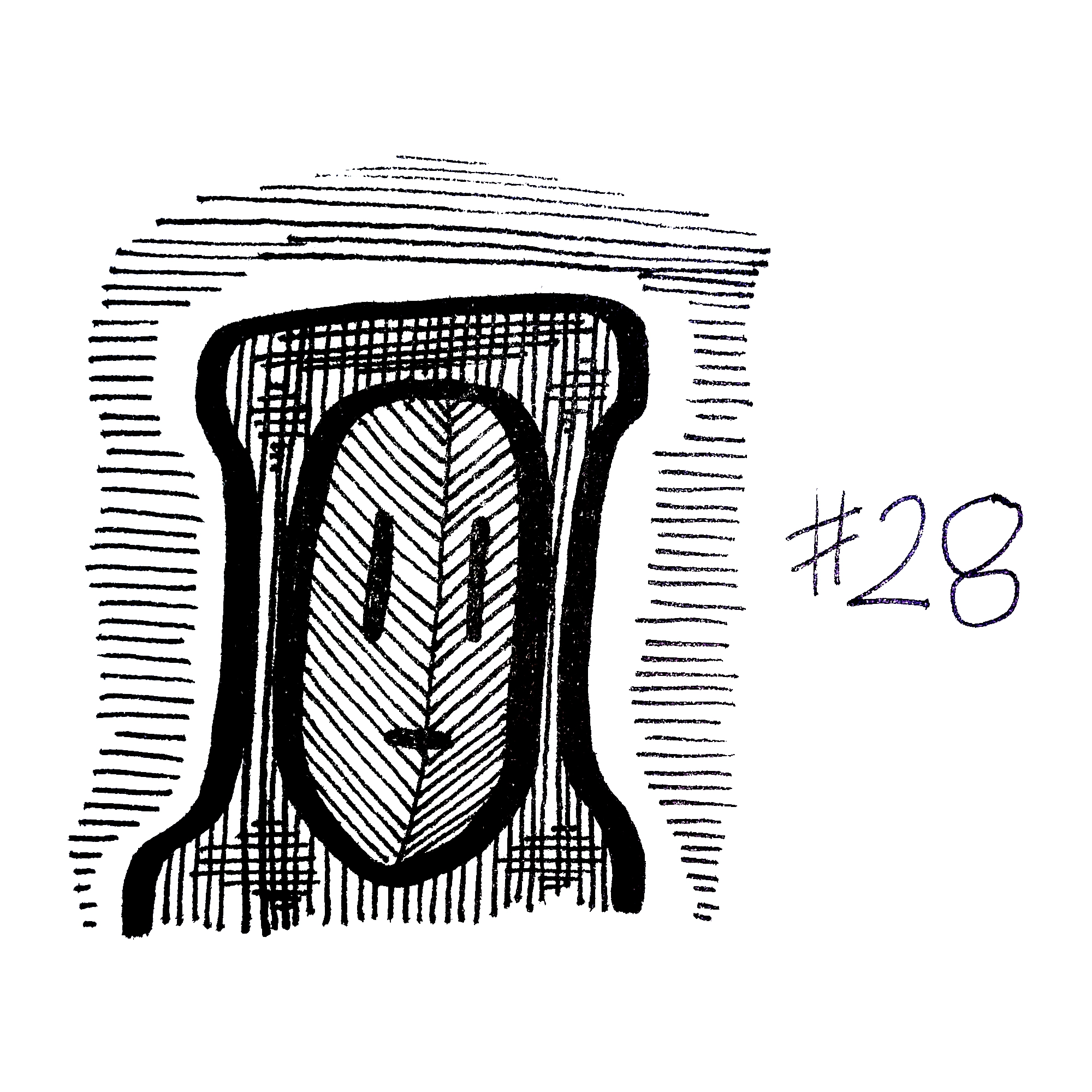 drawing of a figure with a simple striped mask and hood