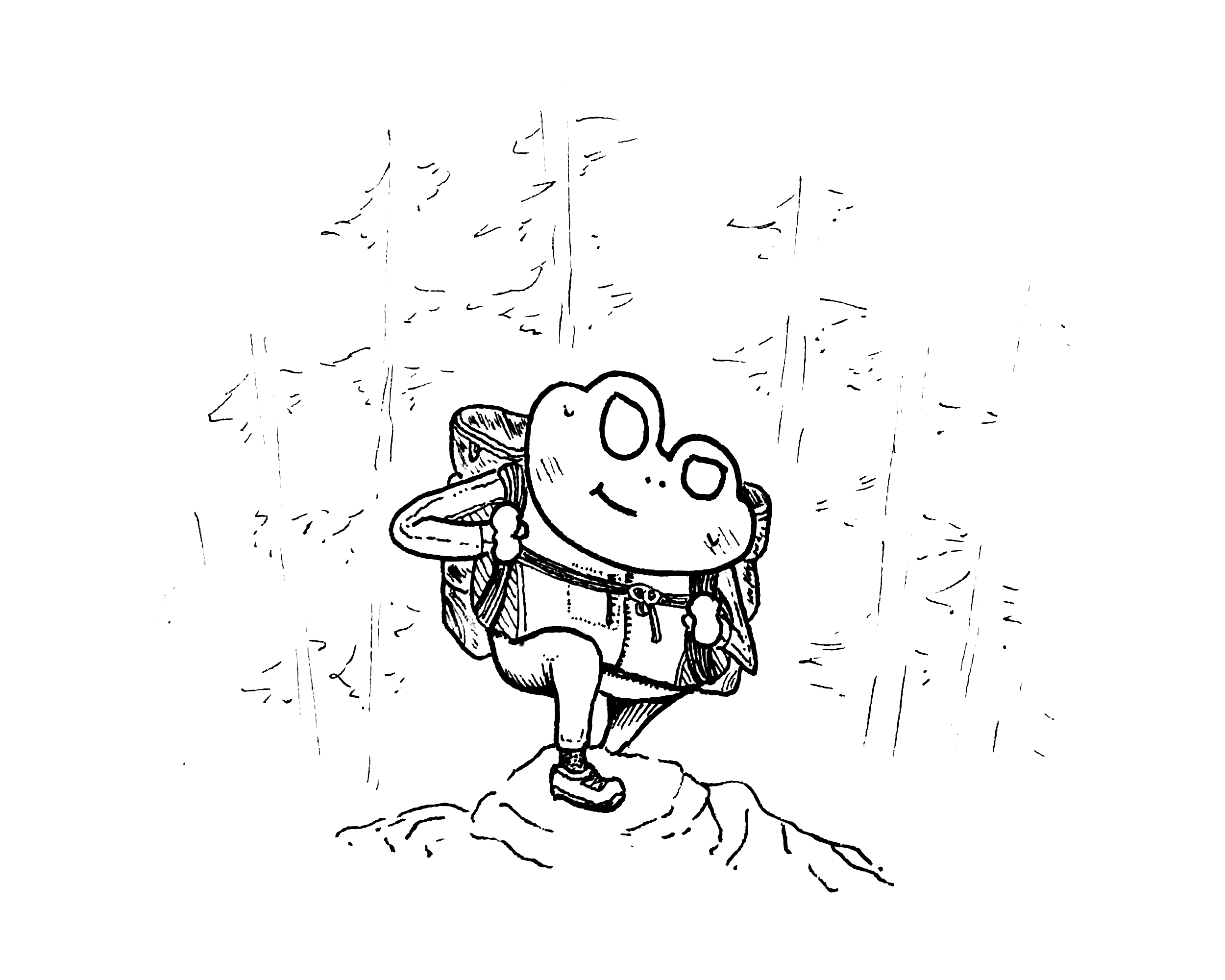 a frog in hiking gear walking up a mountain in the woods