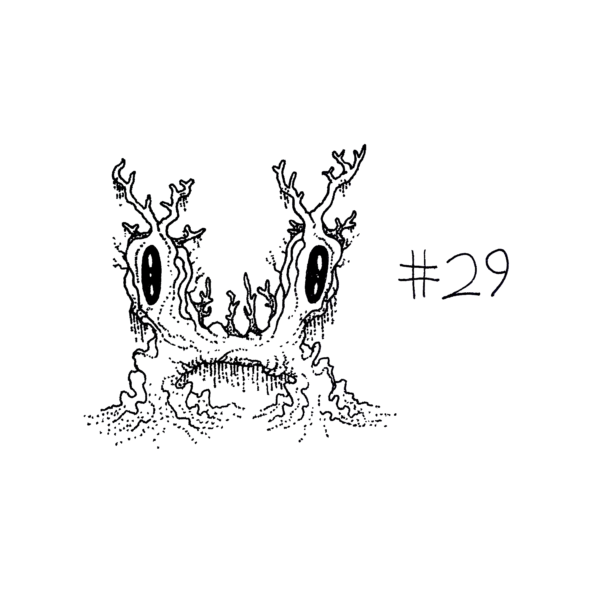 drawing of an abstract creature with two large lumpy protrusions and many smaller antler-like ones