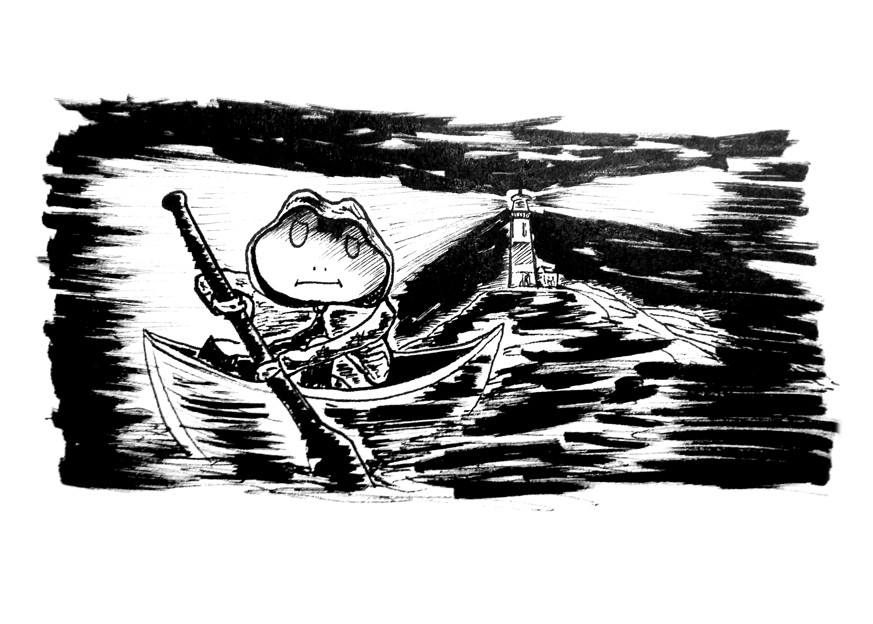 a frog in a boat wearing a raincoat paddling away from an island with a lighthouse