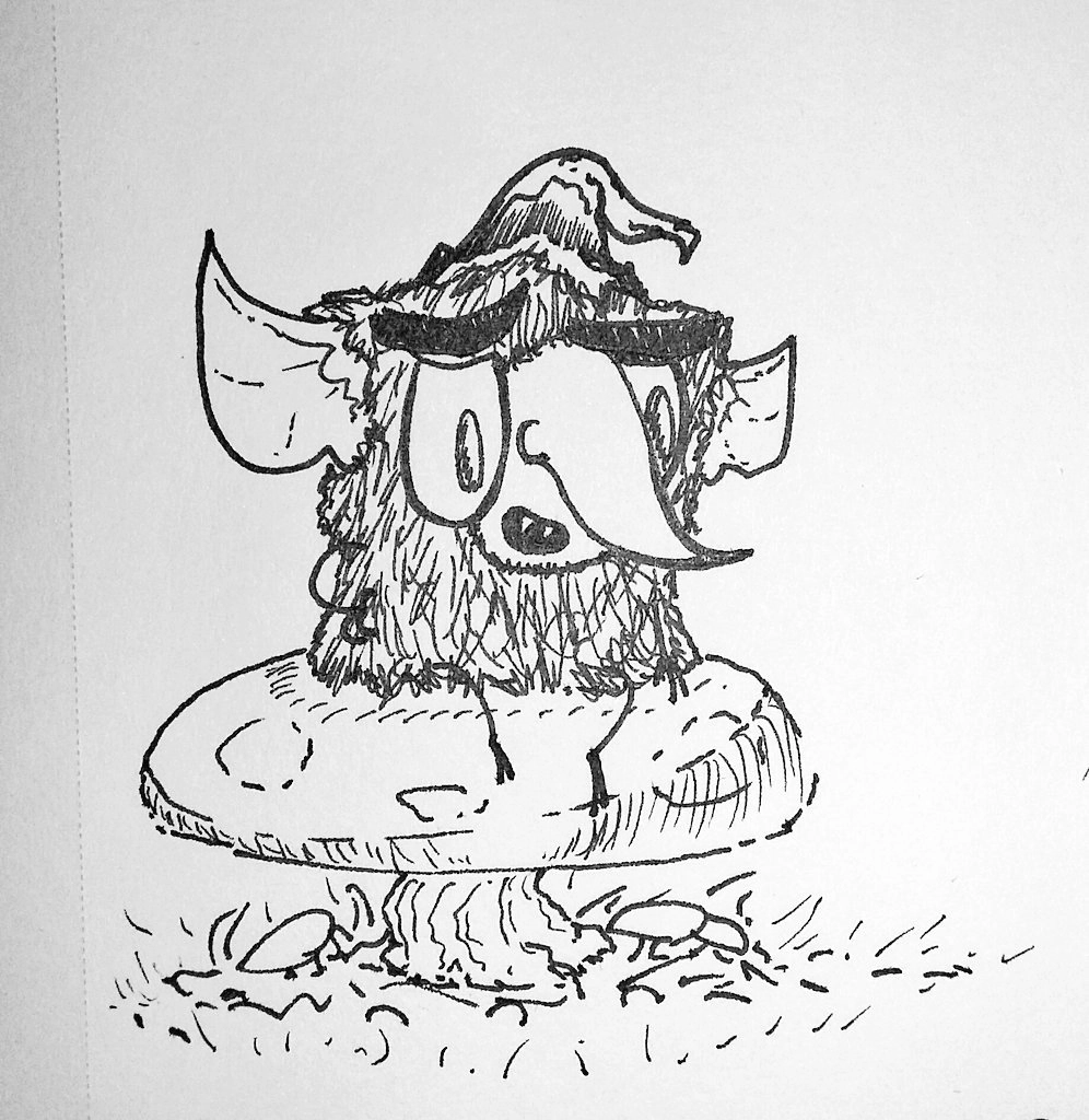 a furry goblin with a hat sitting on a big toadstool