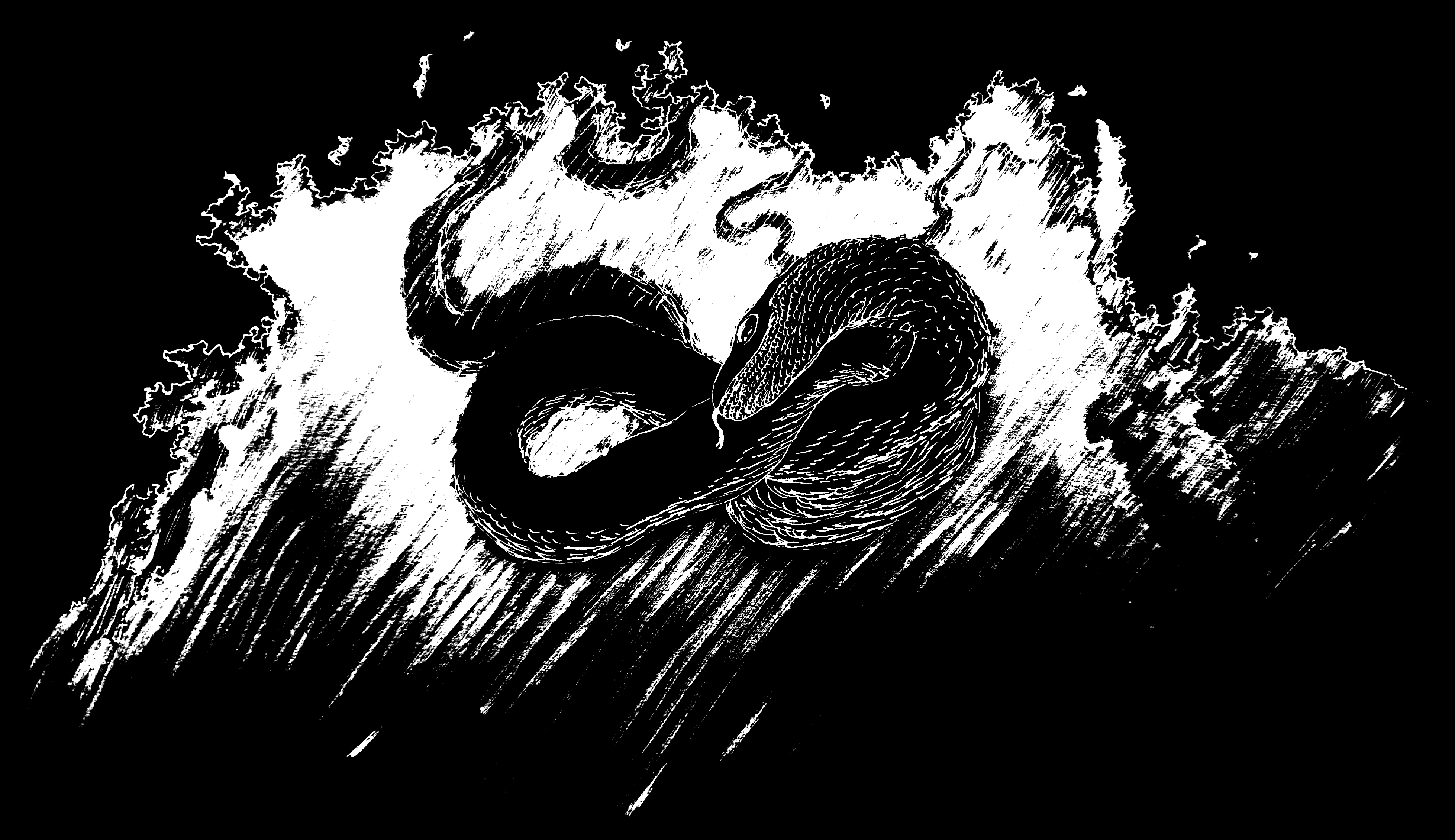 drawing of a coiled sea serpent in an underwater cave with light streaming in