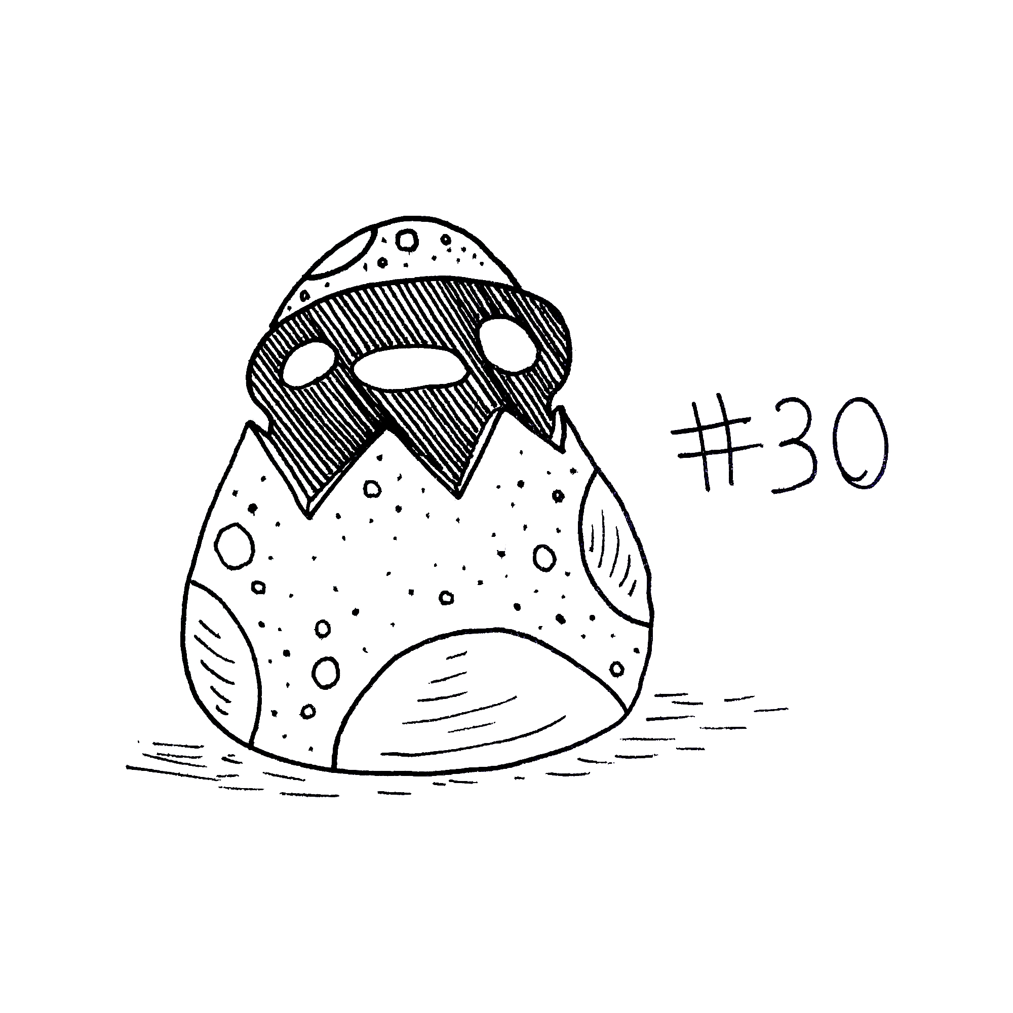 drawing of a simple cartoon character breaking out of a spotted egg with some of the shell stuck to its head