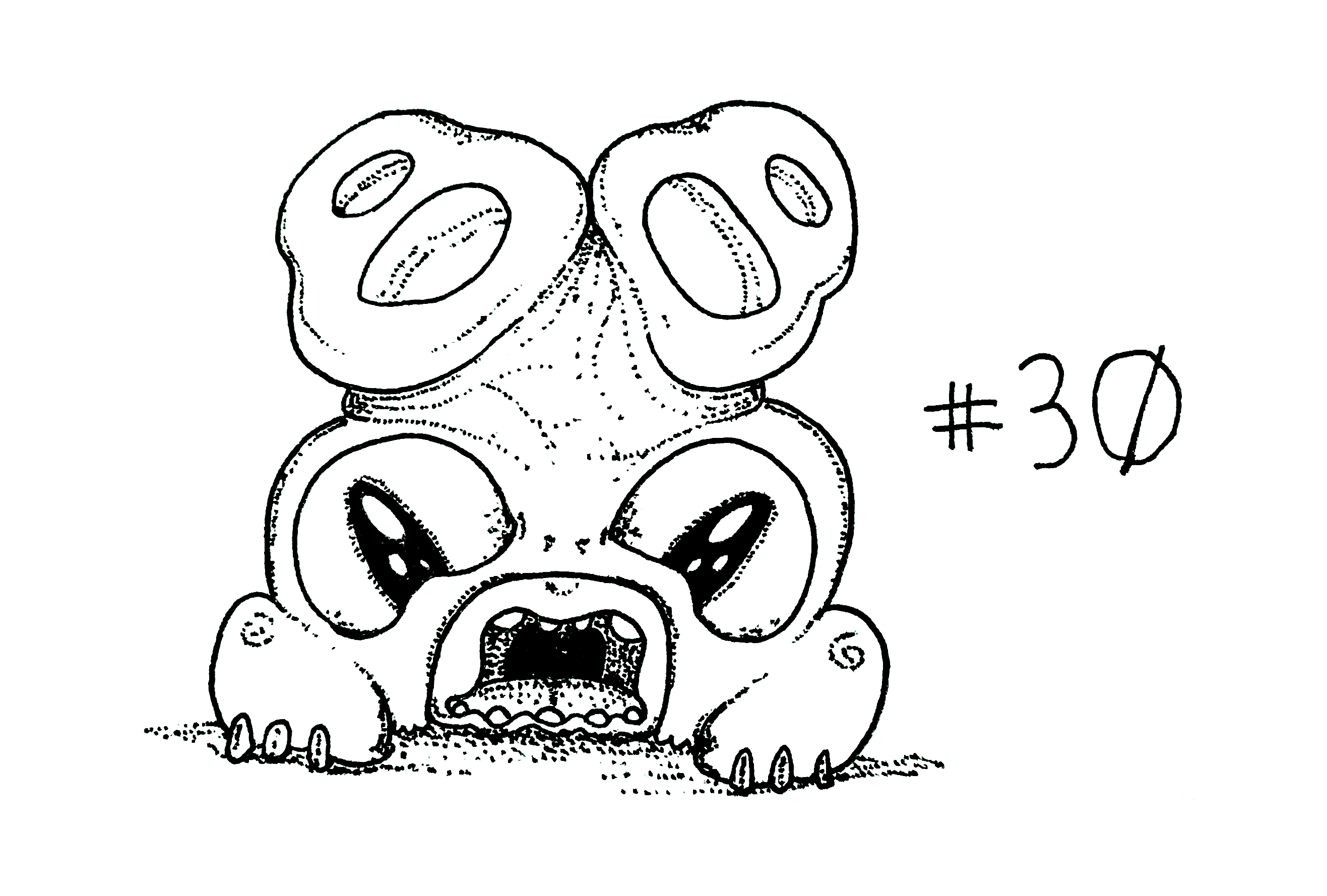 drawing of a bulbous creature with big eyes and big mouth