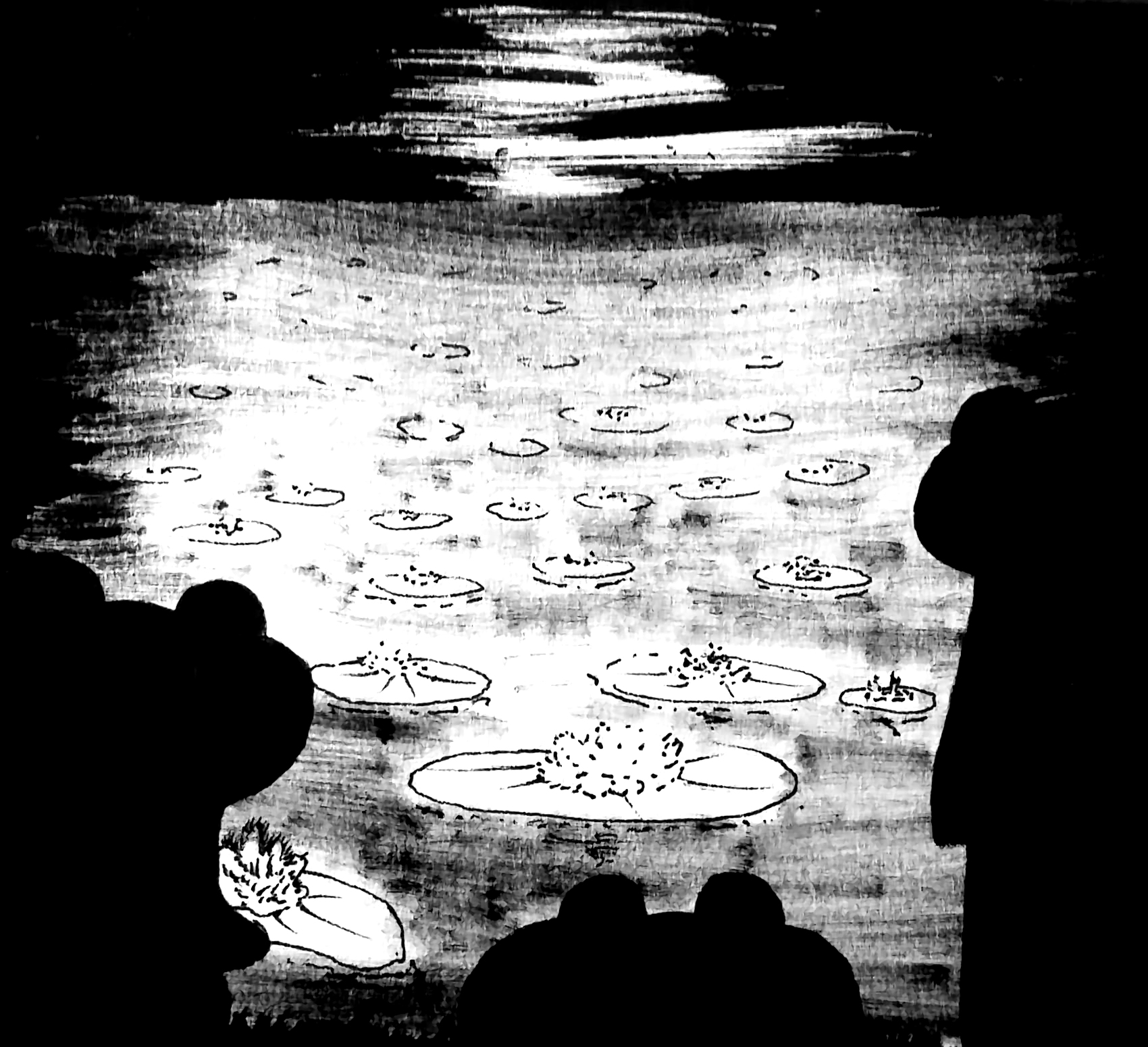 three frogs in silhouette looking out over a lake filled with lilypads fading into the horizon