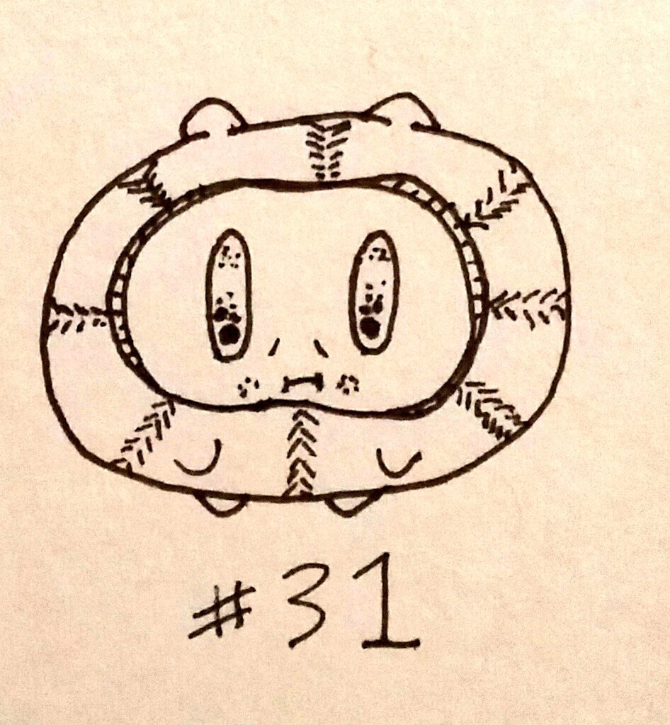 drawing of a round cartoon character wearing a baseball-like outfit with a hole for their face