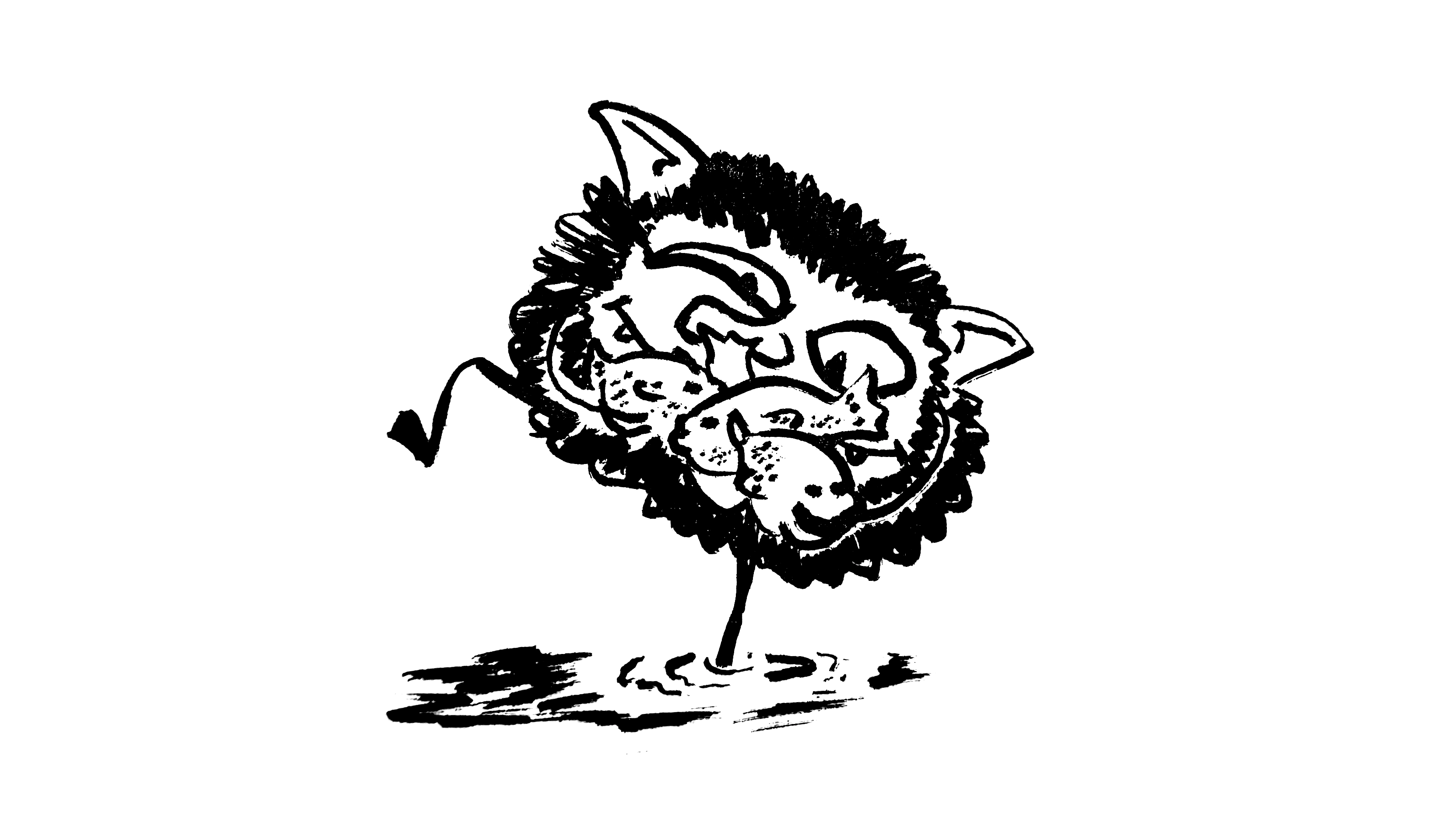 drawing of a furry goblin standing on one foot in water, carrying an armful of fish