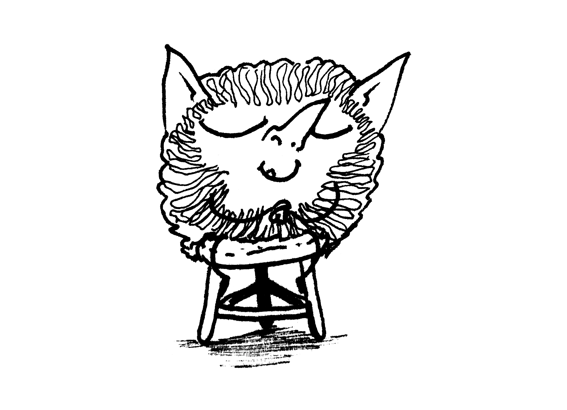 drawing of a furry goblin sitting on a stool with their eyes closed and a smile on their face