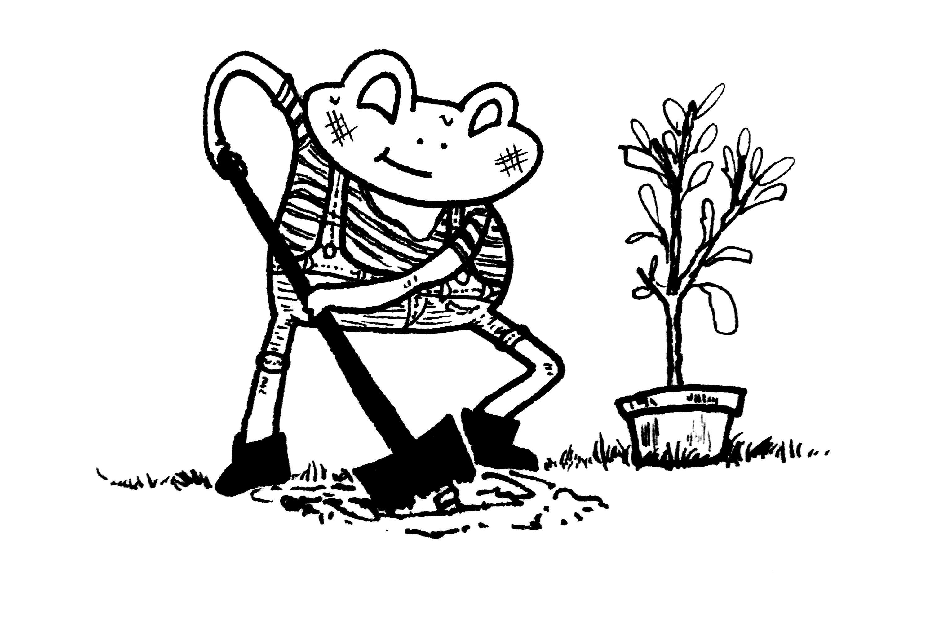 a frog wearing overalls and a striped shirt digging a hole with a shovel next to a potted sapling