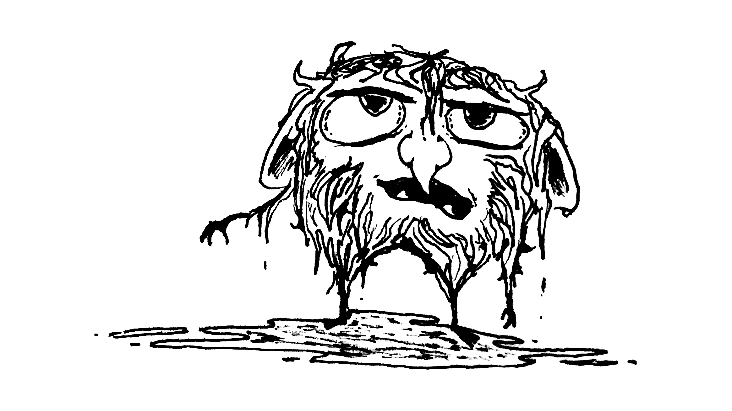 drawing of a furry goblin standing in a puddle with its hair matted all around its body