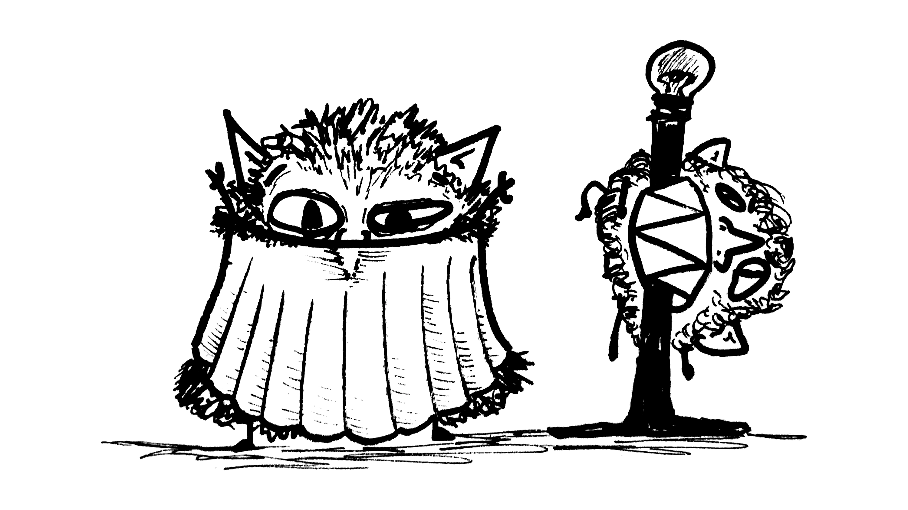 a pair of furry goblins, one wearing a lampshade tightly wrapped around half its face and body, and the other hanging horizontally from a lamp by its teeth