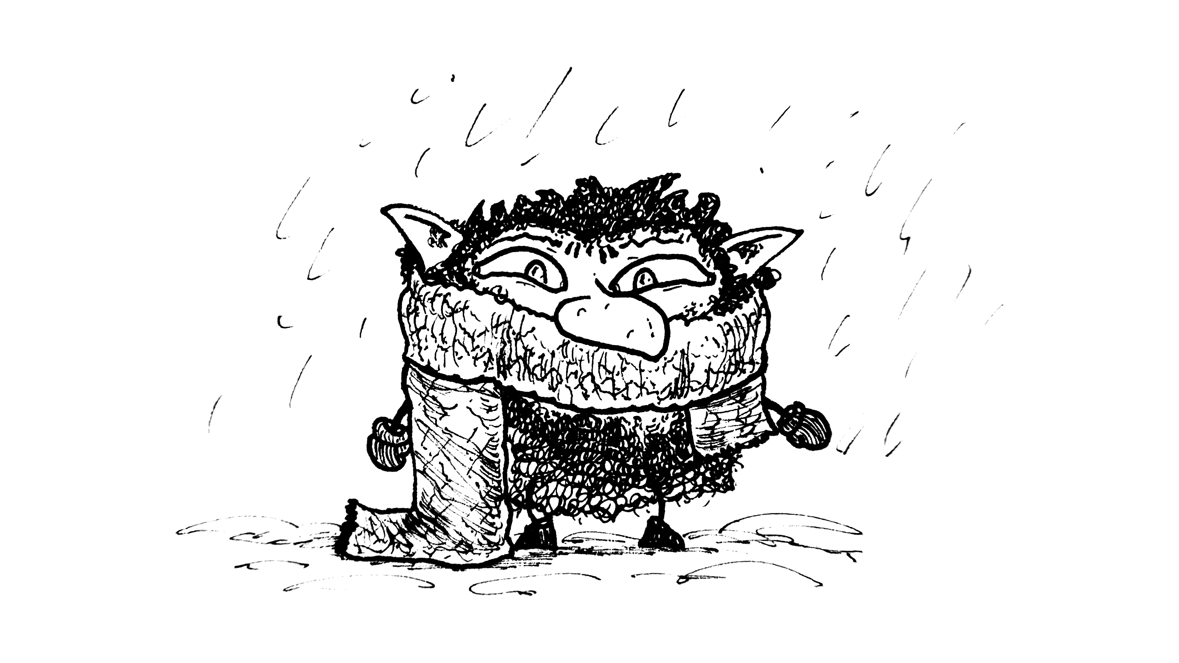 drawing of a furry goblin wearing a thick scarf, boots and gloves standing in the snow