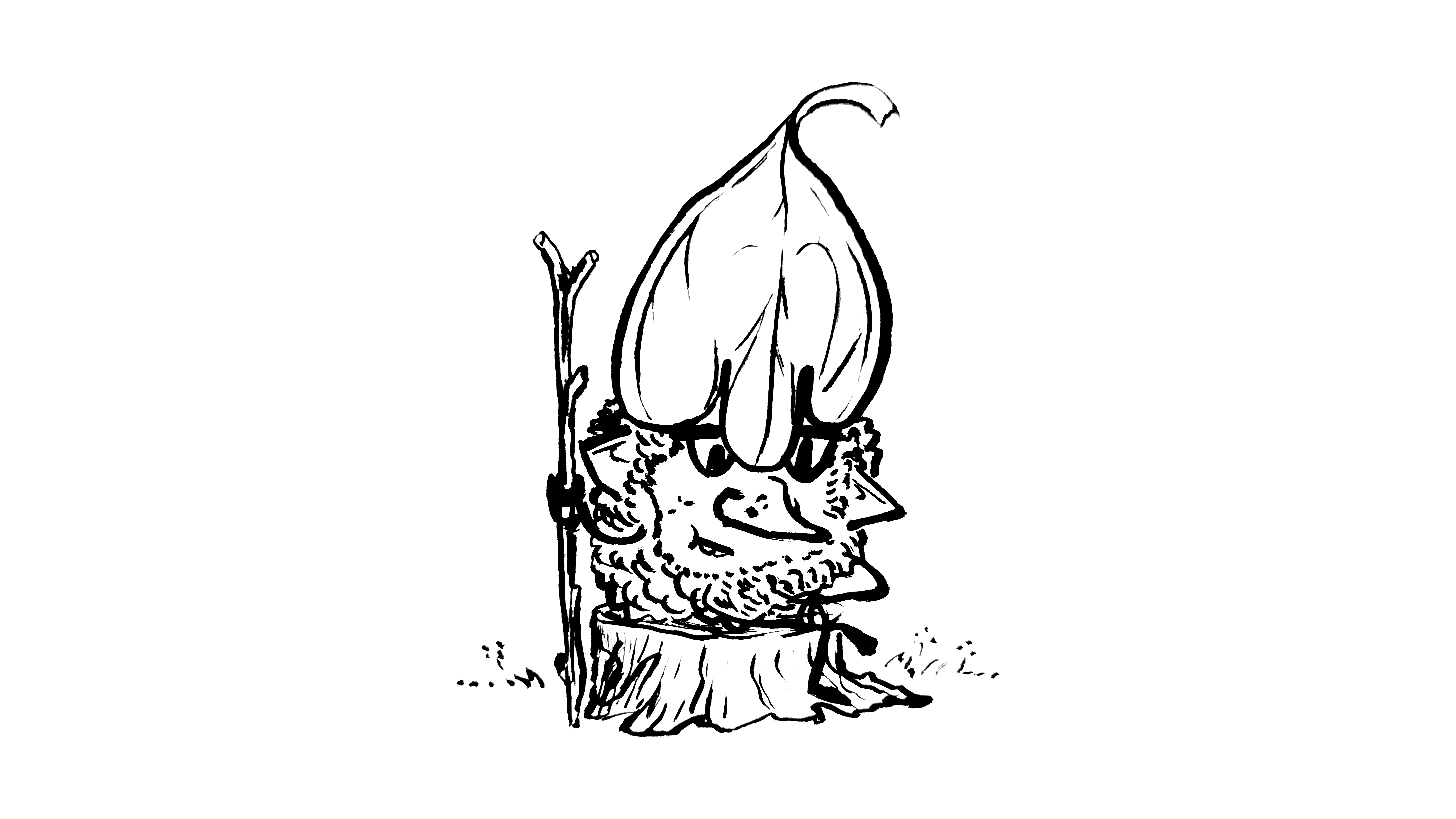 drawing of a small furry goblin sitting on a stump, holding a stick, and wearing a helmet made of leaves