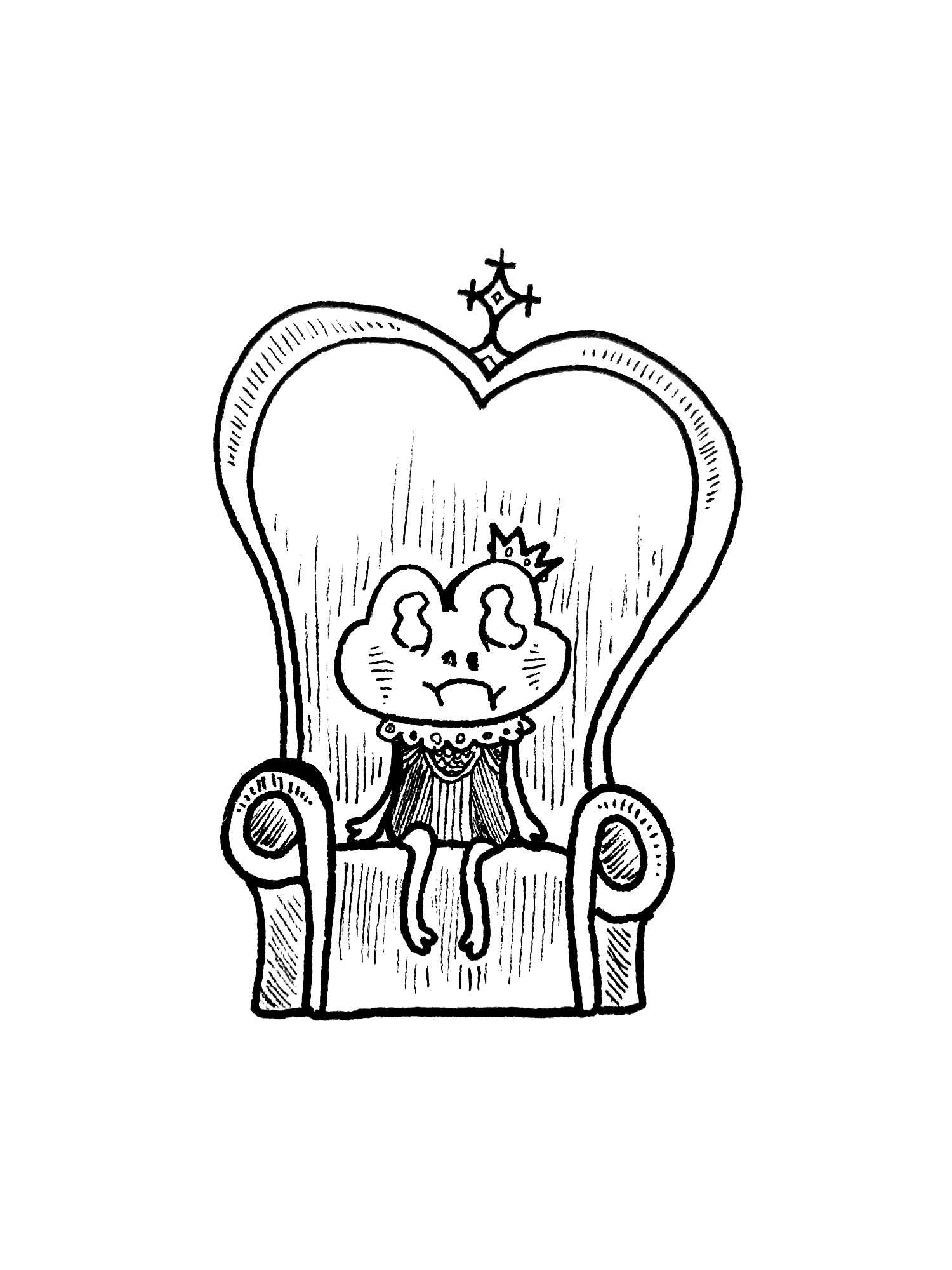 a little frog with a sad face sitting on a throne too big for them