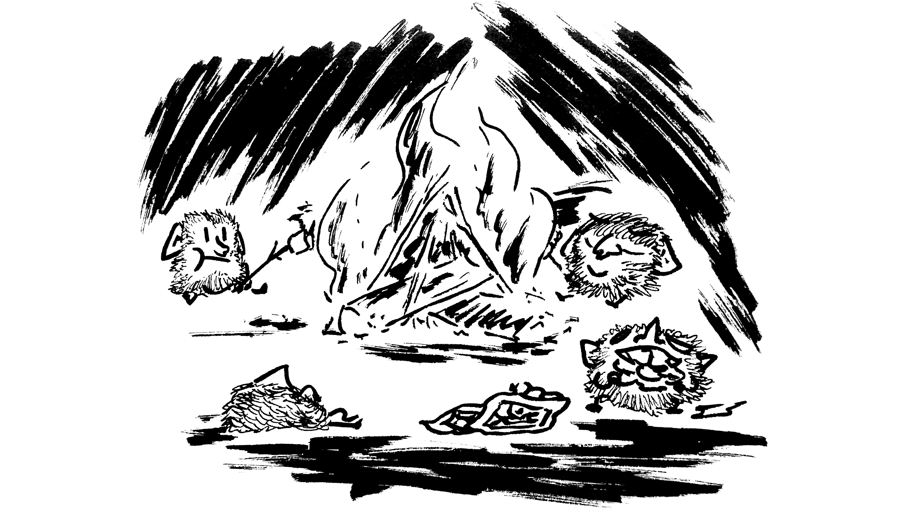 four furry goblins sitting around a campfire; two are roasting marshmallows, one is reclining, and one is shoving marshmallows into their mouth