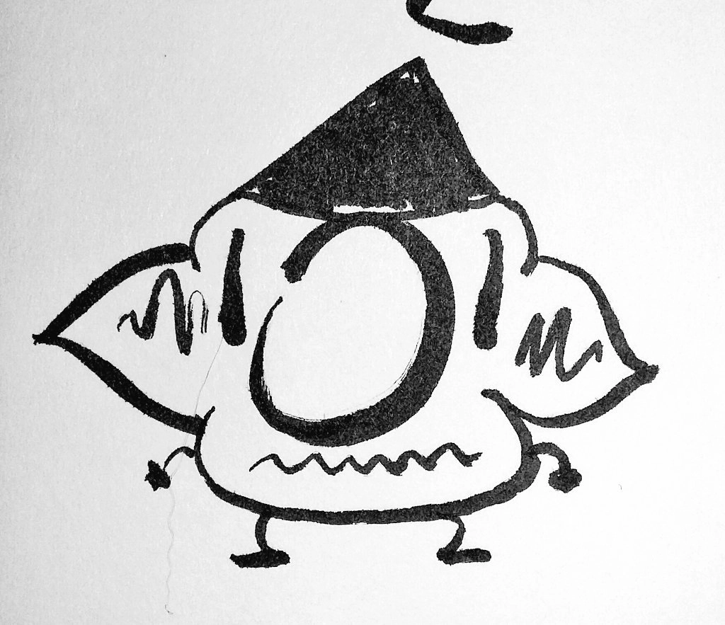 a blobby goblin with a square-ish shape and a triangle hat looking wobbly