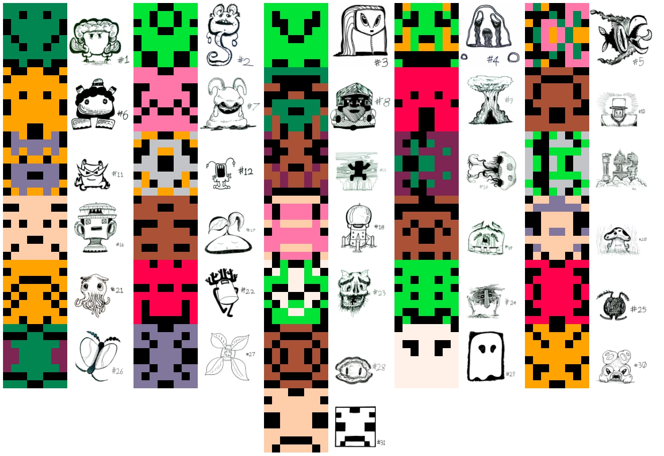 collage of the previous drawings next to the original pixel art from the bot they were based on