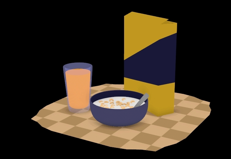 simple 3D model of a breakfast consisting of cereal in a bowl of milk and a glass of orange juice, with the cereal box nearby