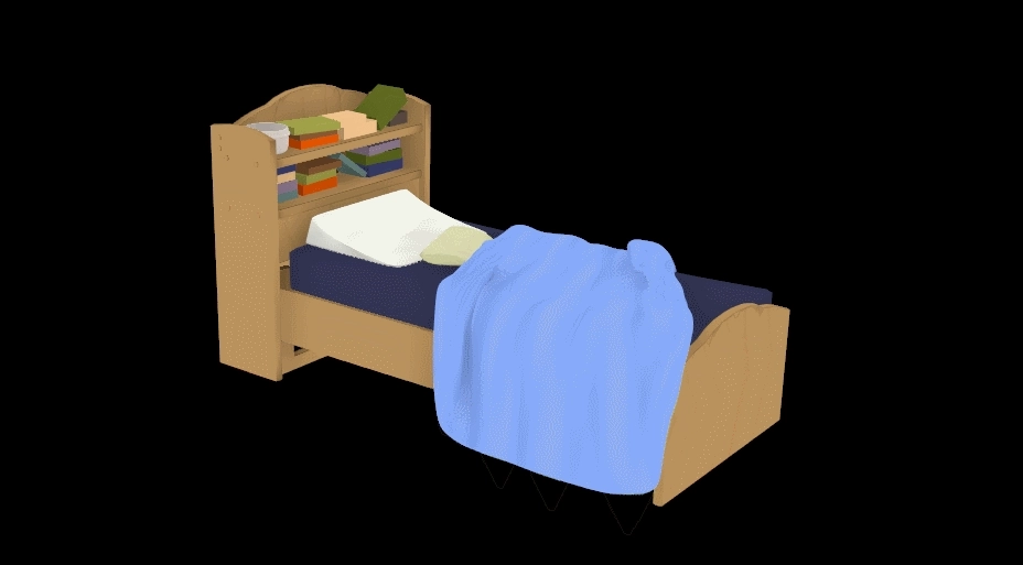 simple 3D model of a bed with a large wedge cushion, a smaller pillow, a blanket, and books on the headboard