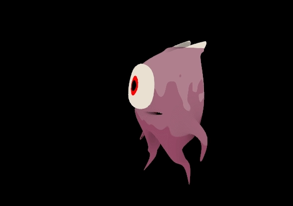 simple 3D model of a mottled monster with small horns, a single large eye, and spindly limbs