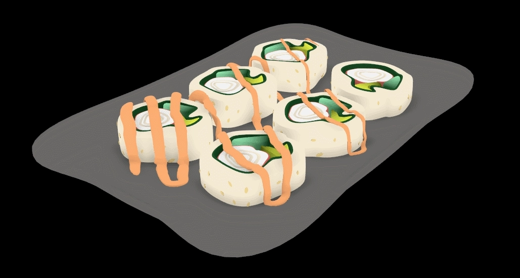 simple 3D model of plate with six california rolls drizzled with sauce
